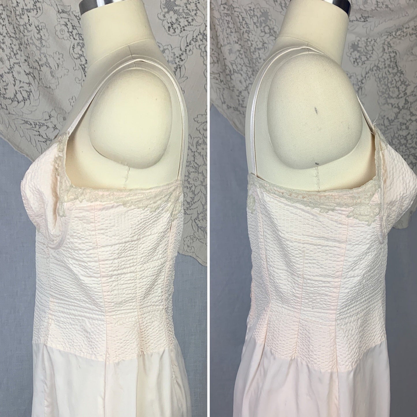 Vintage 1950's Foundation Slip | Palest Pink Nylon with Monowire Bullet Bra top & Nude Lace | Size 36 C, MED, LG - Daggers & Dames