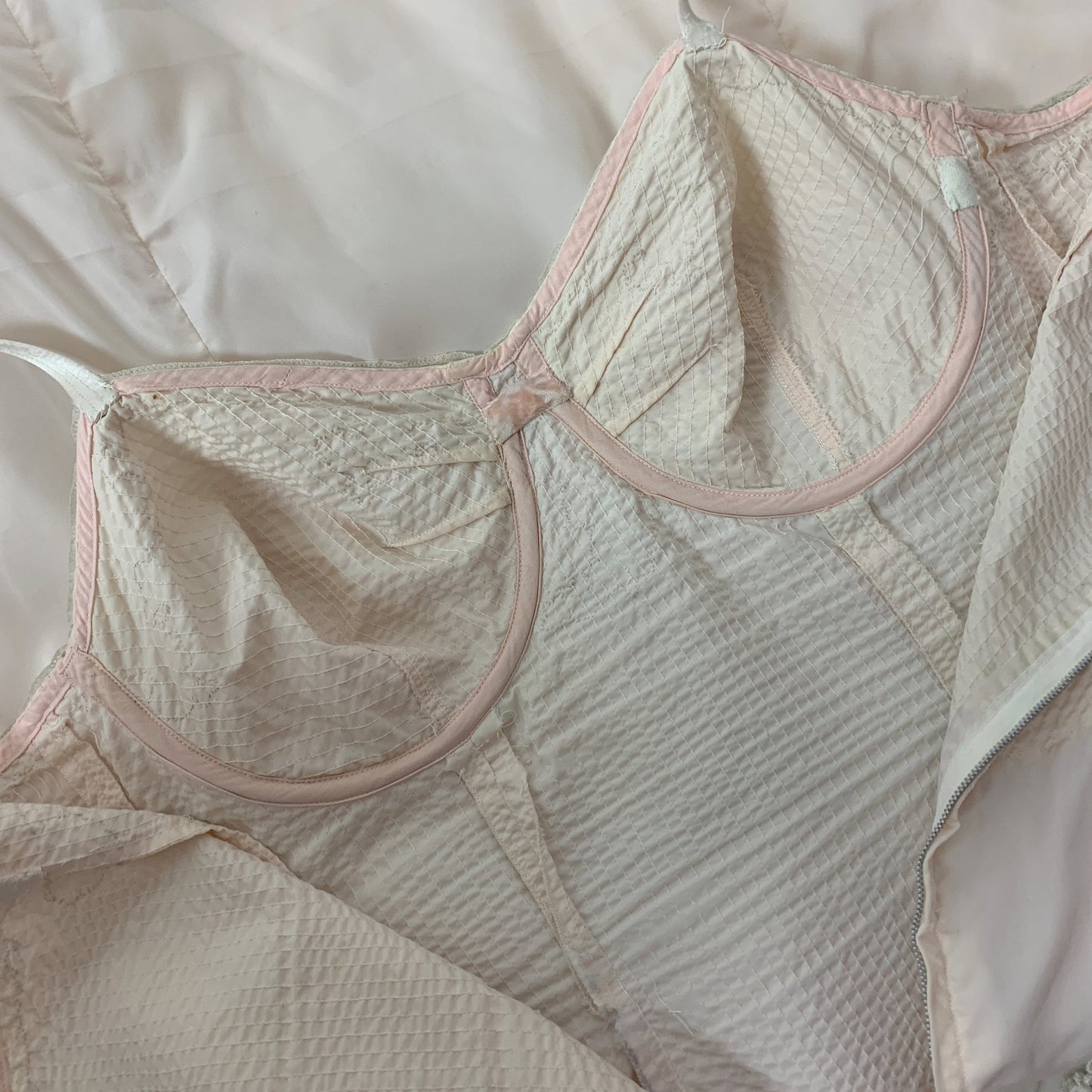 Vintage 1950's Foundation Slip | Palest Pink Nylon with Monowire Bullet Bra top & Nude Lace | Size 36 C, MED, LG - Daggers & Dames