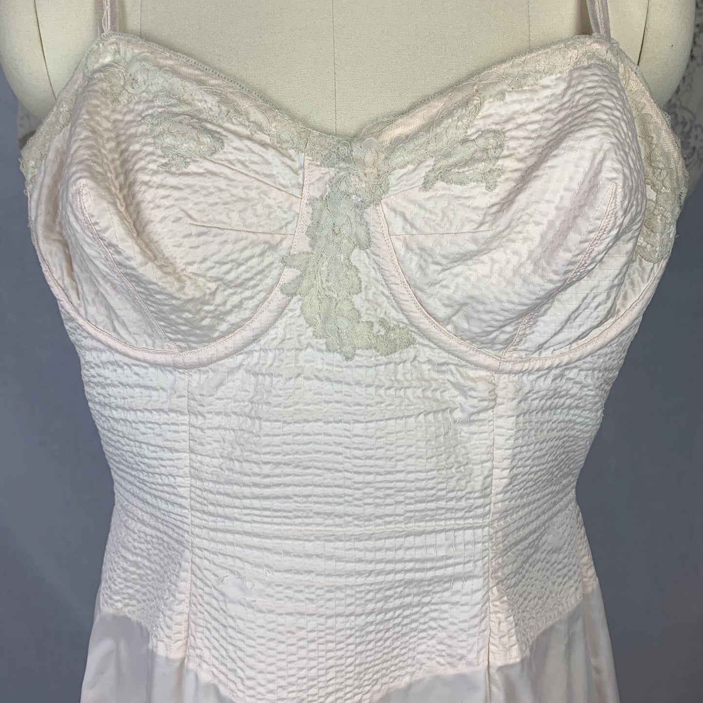 Vintage 1950's Foundation Slip | Palest Pink Nylon with Monowire Bullet Bra top & Nude Lace | Size 36 C, MED, LG - Daggers & Dames