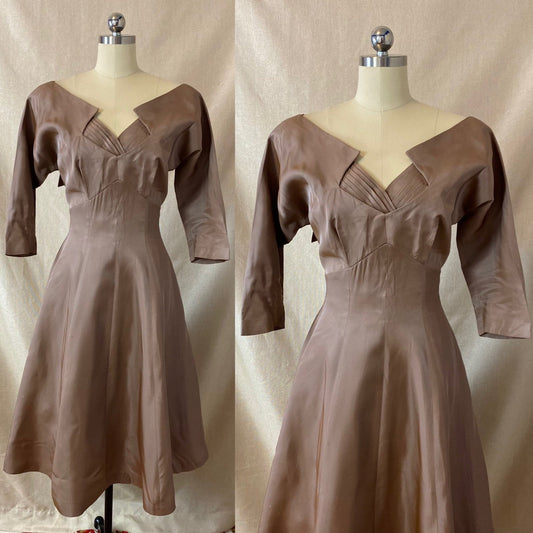 Vintage 1950's Full Swing Party Dress | Warm Taupe Taffeta with Large Bow & Portrait Neckline | Size 38 Bust, M/LG | Leslie Fay - Daggers & Dames