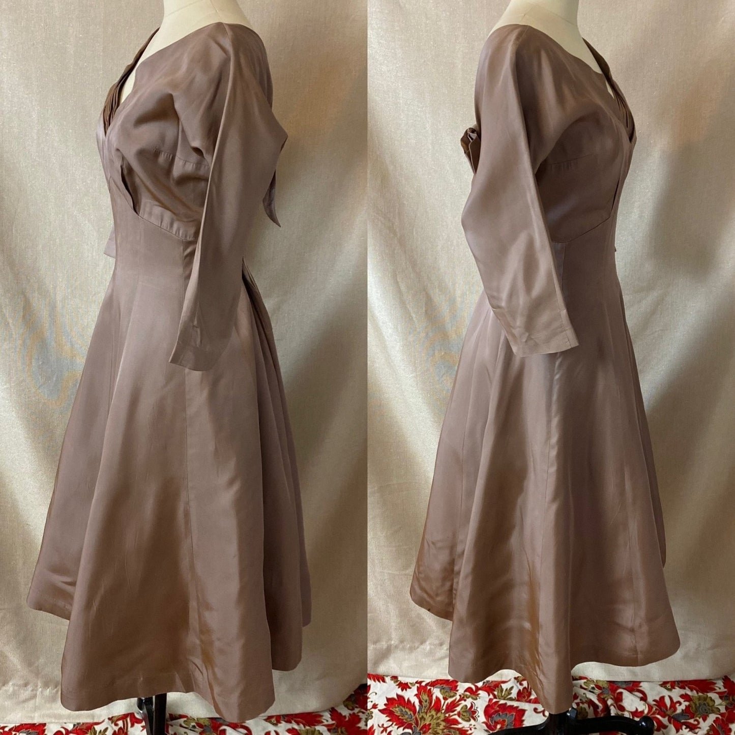 Vintage 1950's Full Swing Party Dress | Warm Taupe Taffeta with Large Bow & Portrait Neckline | Size 38 Bust, M/LG | Leslie Fay - Daggers & Dames