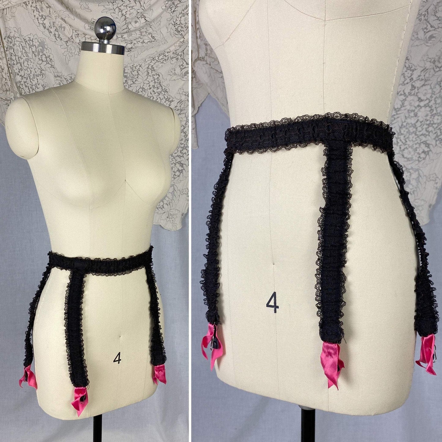 Vintage 1950's Garter Belt | Black Nylon Chiffon with Lace & Hot Pink Satin | Size XS, S, M | GiGi - Daggers & Dames