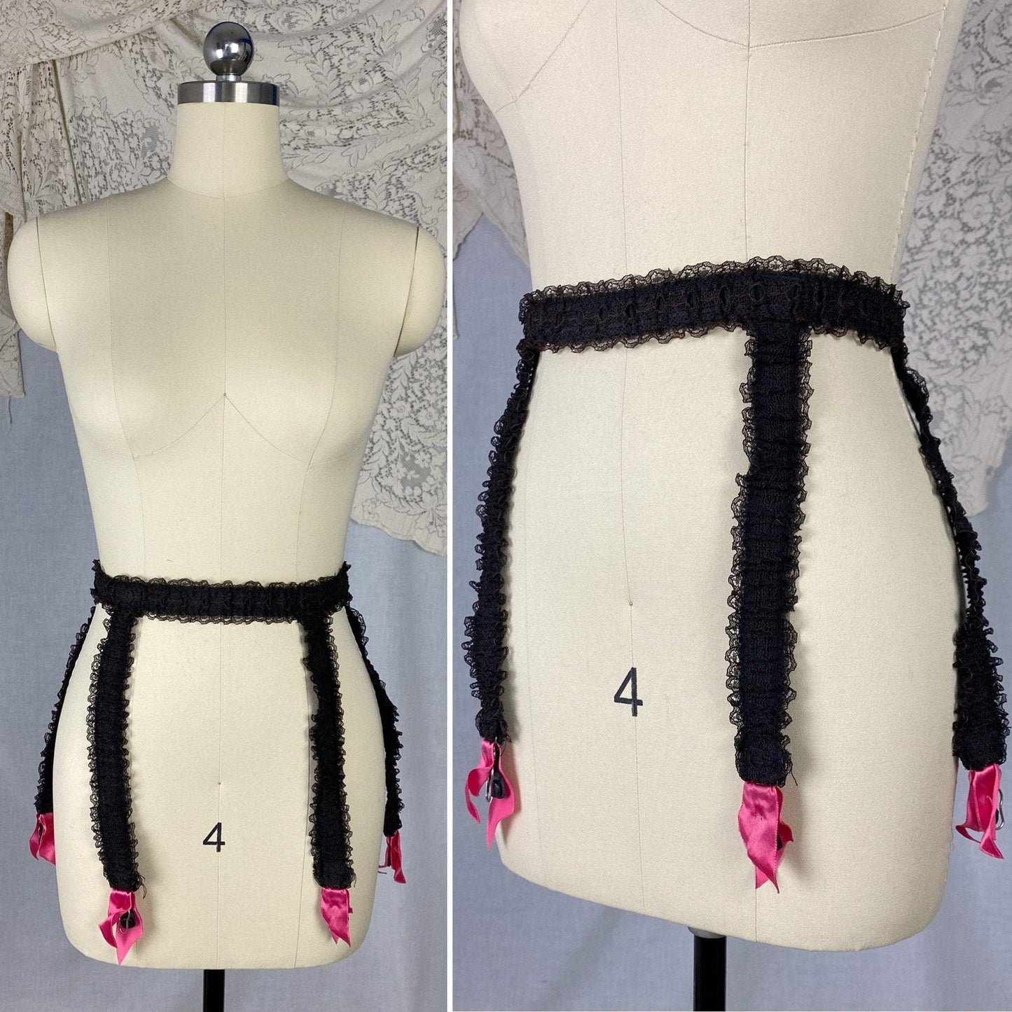 Vintage 1950's Garter Belt | Black Nylon Chiffon with Lace & Hot Pink Satin | Size XS, S, M | GiGi - Daggers & Dames