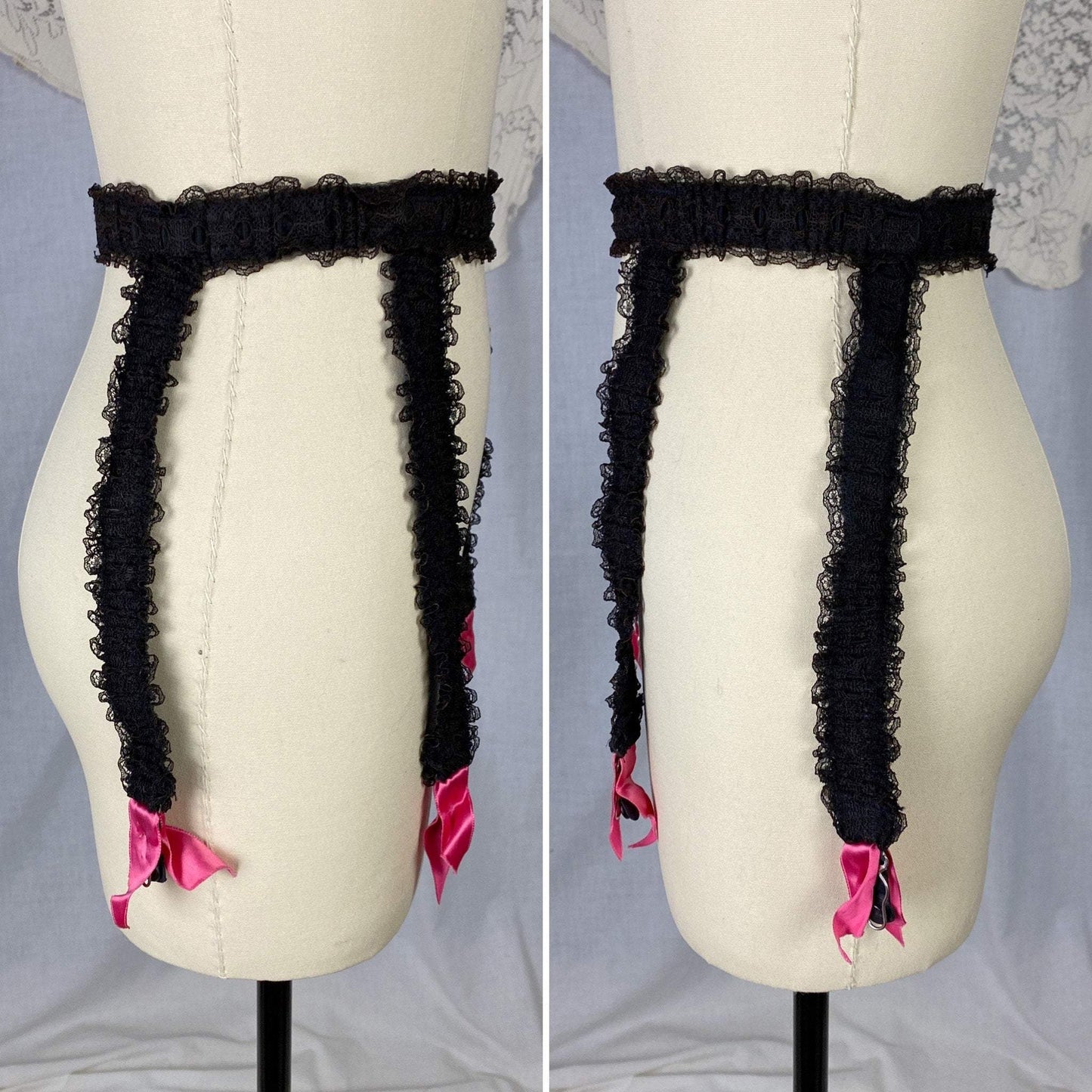 Vintage 1950's Garter Belt | Black Nylon Chiffon with Lace & Hot Pink Satin | Size XS, S, M | GiGi - Daggers & Dames