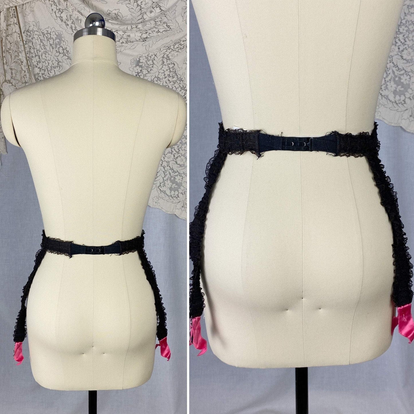 Vintage 1950's Garter Belt | Black Nylon Chiffon with Lace & Hot Pink Satin | Size XS, S, M | GiGi - Daggers & Dames