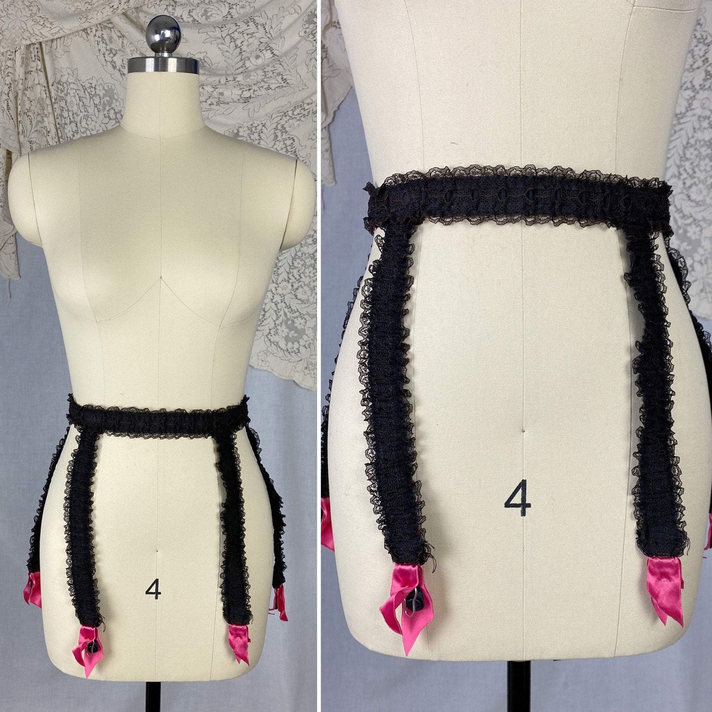 Vintage 1950's Garter Belt | Black Nylon Chiffon with Lace & Hot Pink Satin | Size XS, S, M | GiGi - Daggers & Dames