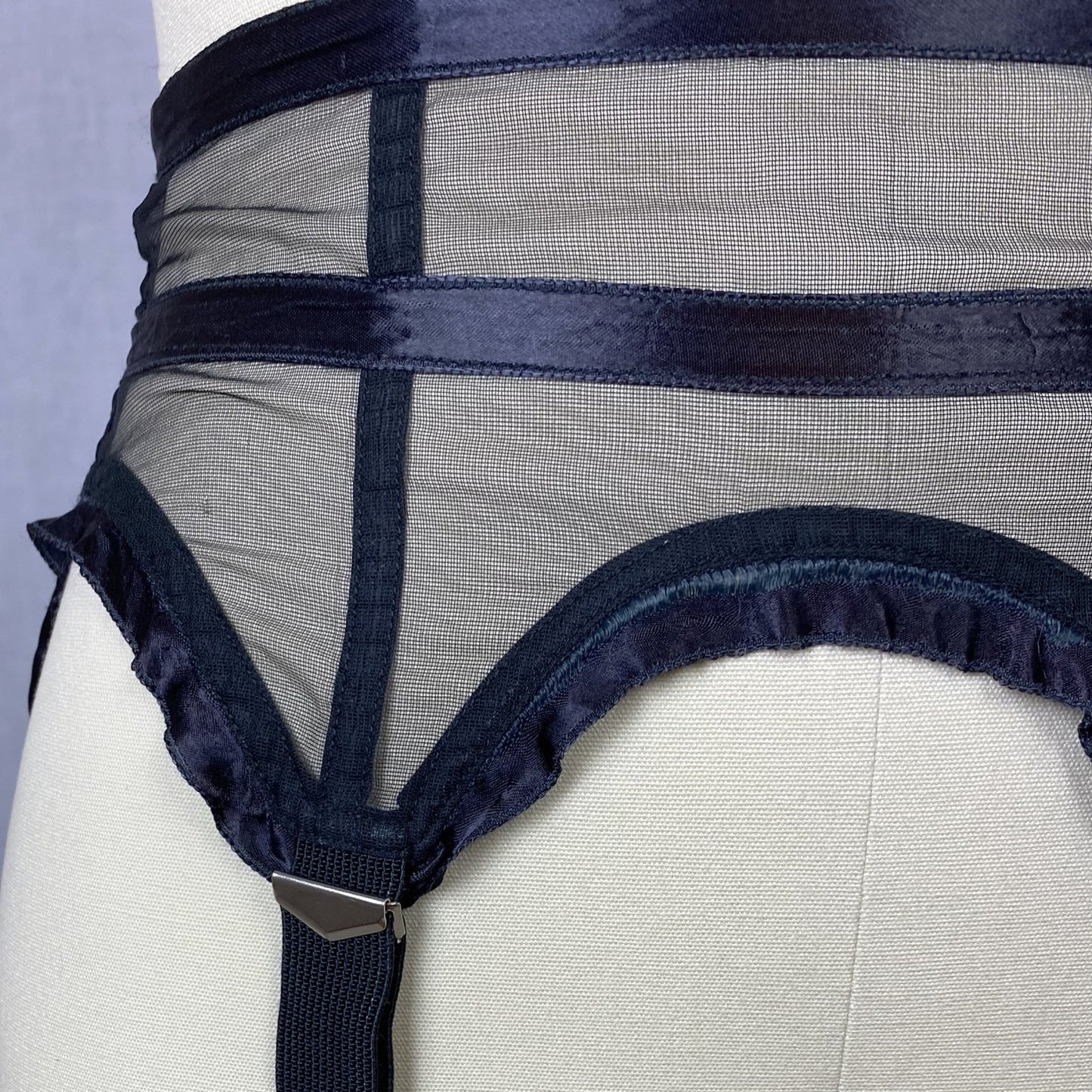 Vintage 1950's Garter Belt | Sheer Black Mesh with Satin Ribbon Stripes & Ruffles | Size XS | Simone - Daggers & Dames