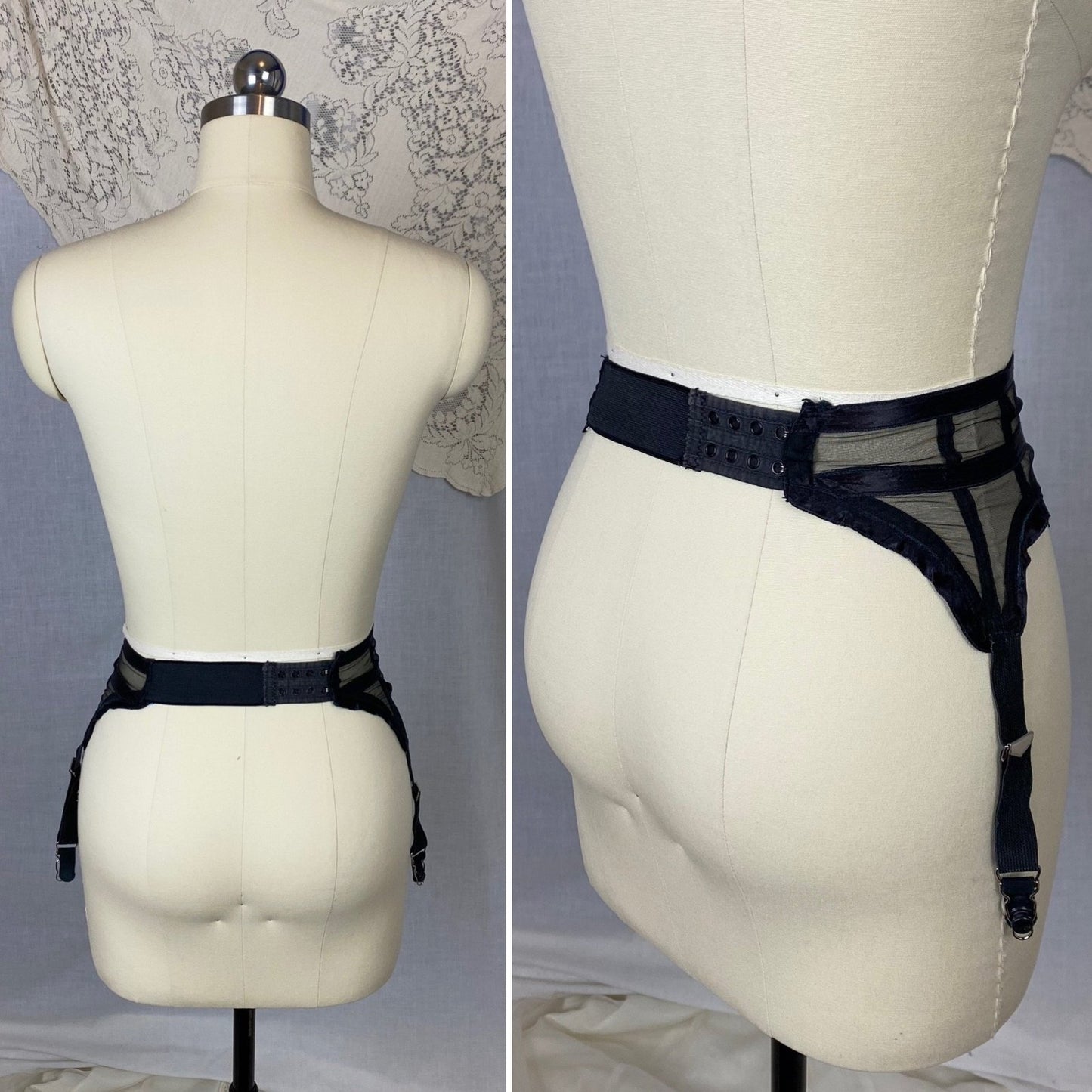 Vintage 1950's Garter Belt | Sheer Black Mesh with Satin Ribbon Stripes & Ruffles | Size XS | Simone - Daggers & Dames