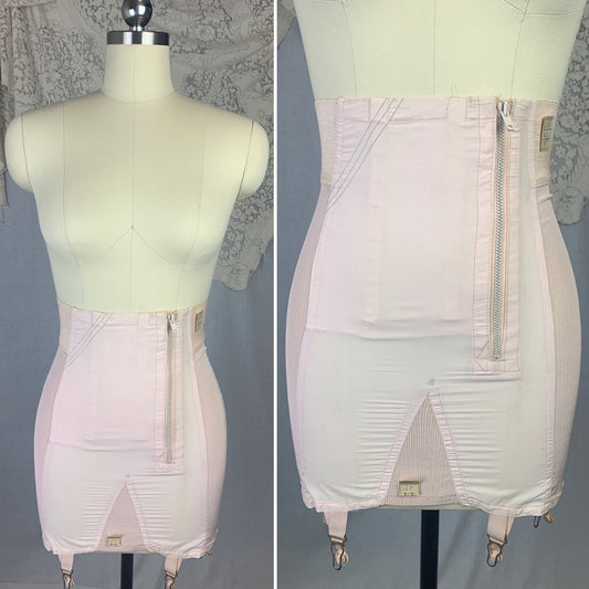 Vintage 1950's Girdle | Antique Rose Pink Rayon Satin with Nylon & Sage Green Stitching | Size S | Never worn - With Tags - Daggers & Dames