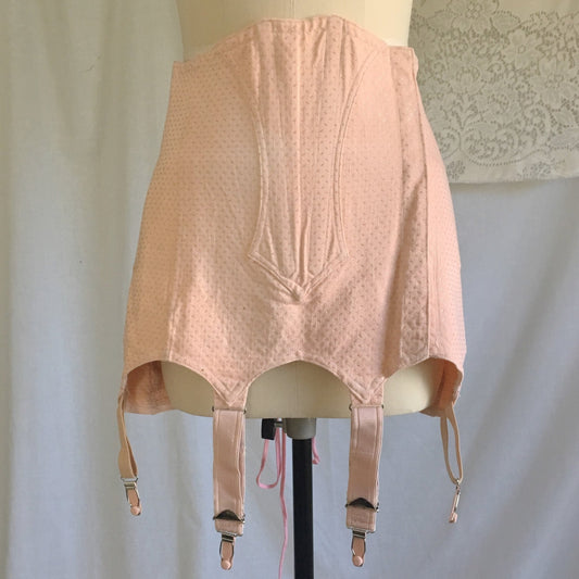 Vintage 1950's Girdle | Cotton Candy Pink Cotton with Satin Brocade | ROB Corsets, Made in France | Size M, LG - Daggers & Dames