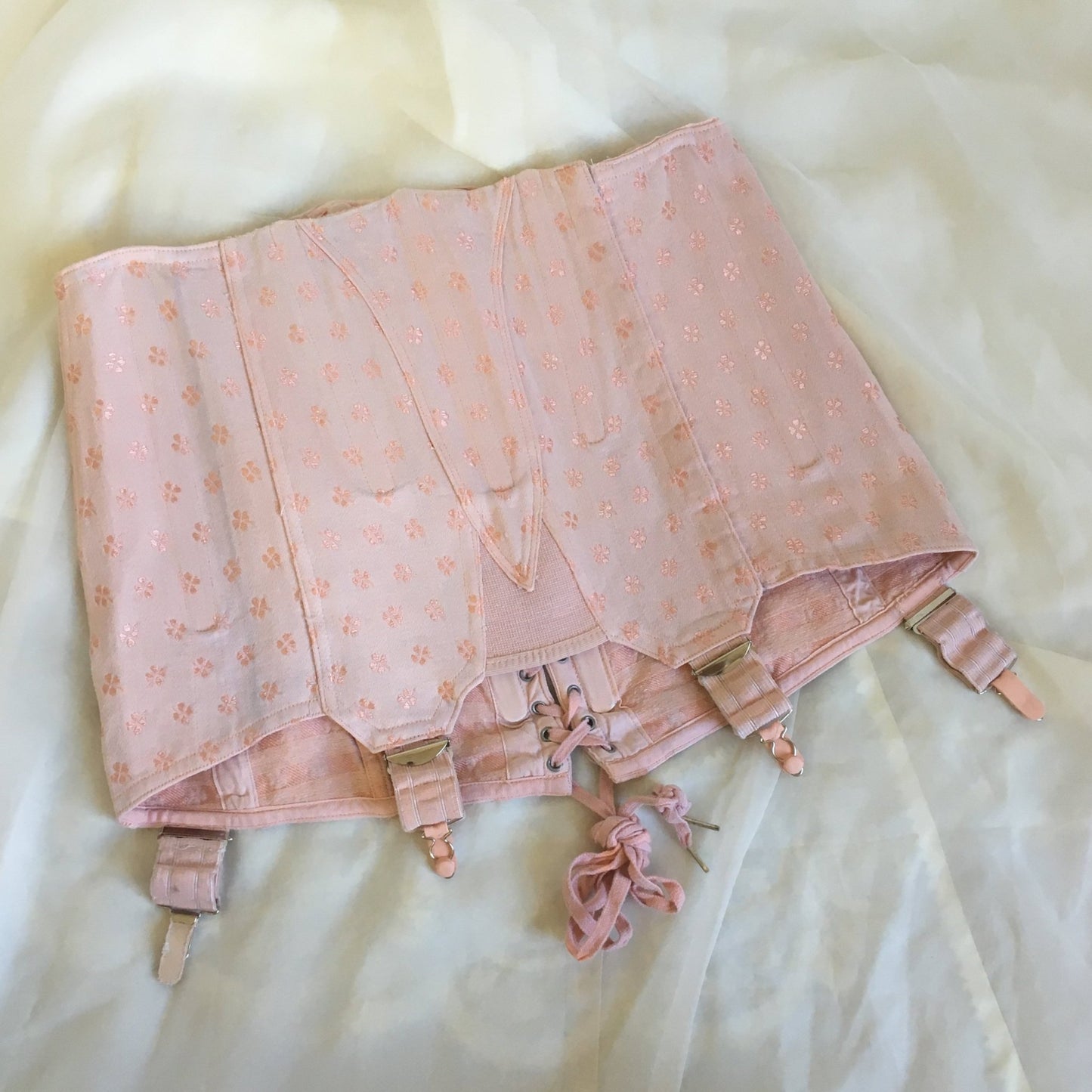 Vintage 1950's Girdle | Light Pink Cotton with Clover Satin Brocade | Brigette, Made in France | Size M, LG - Daggers & Dames