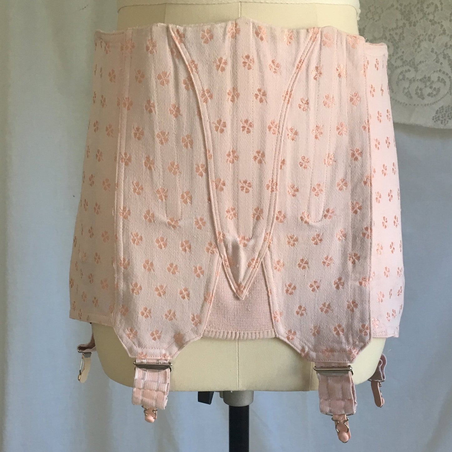 Vintage 1950's Girdle | Light Pink Cotton with Clover Satin Brocade | Brigette, Made in France | Size M, LG - Daggers & Dames