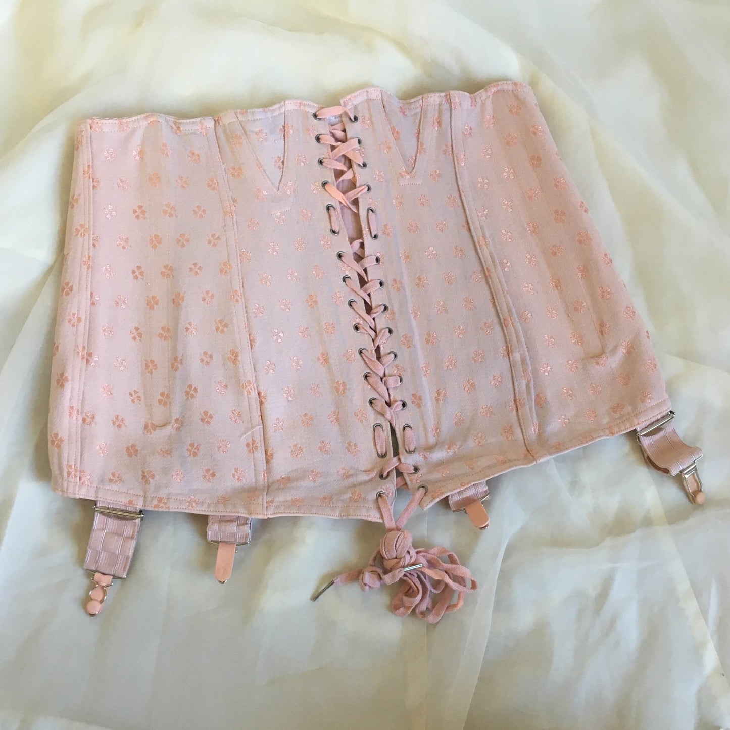 Vintage 1950's Girdle | Light Pink Cotton with Clover Satin Brocade | Brigette, Made in France | Size M, LG - Daggers & Dames