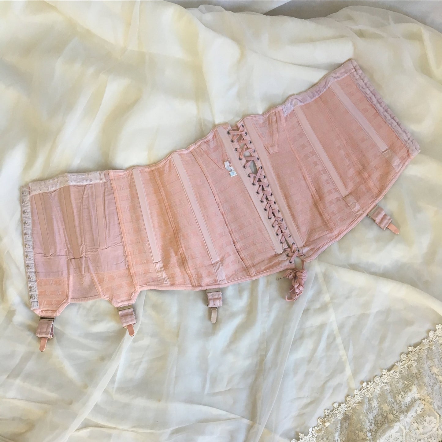 Vintage 1950's Girdle | Light Pink Cotton with Clover Satin Brocade | Brigette, Made in France | Size M, LG - Daggers & Dames