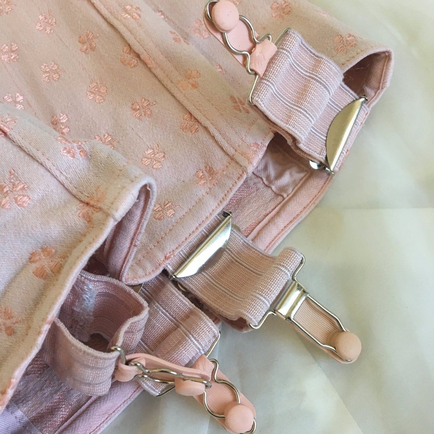 Vintage 1950's Girdle | Light Pink Cotton with Clover Satin Brocade | Brigette, Made in France | Size M, LG - Daggers & Dames
