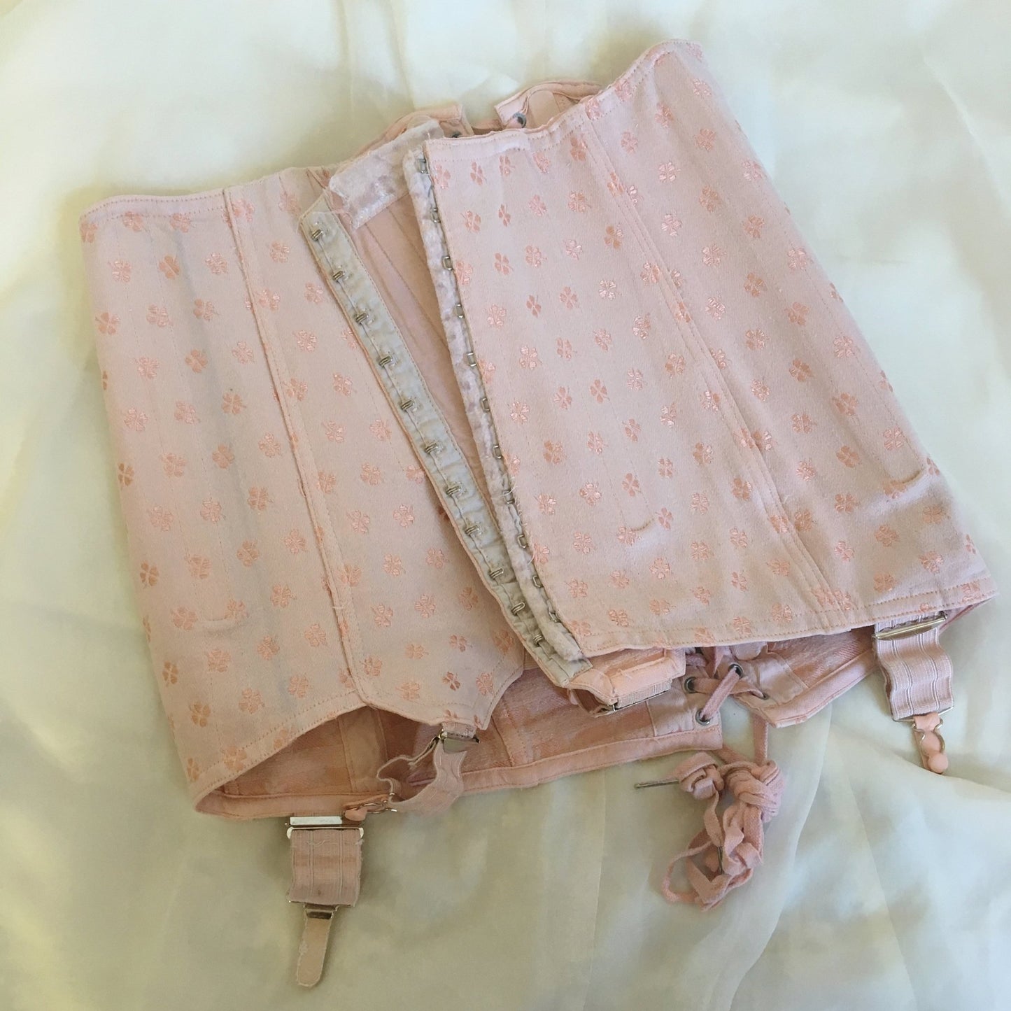 Vintage 1950's Girdle | Light Pink Cotton with Clover Satin Brocade | Brigette, Made in France | Size M, LG - Daggers & Dames
