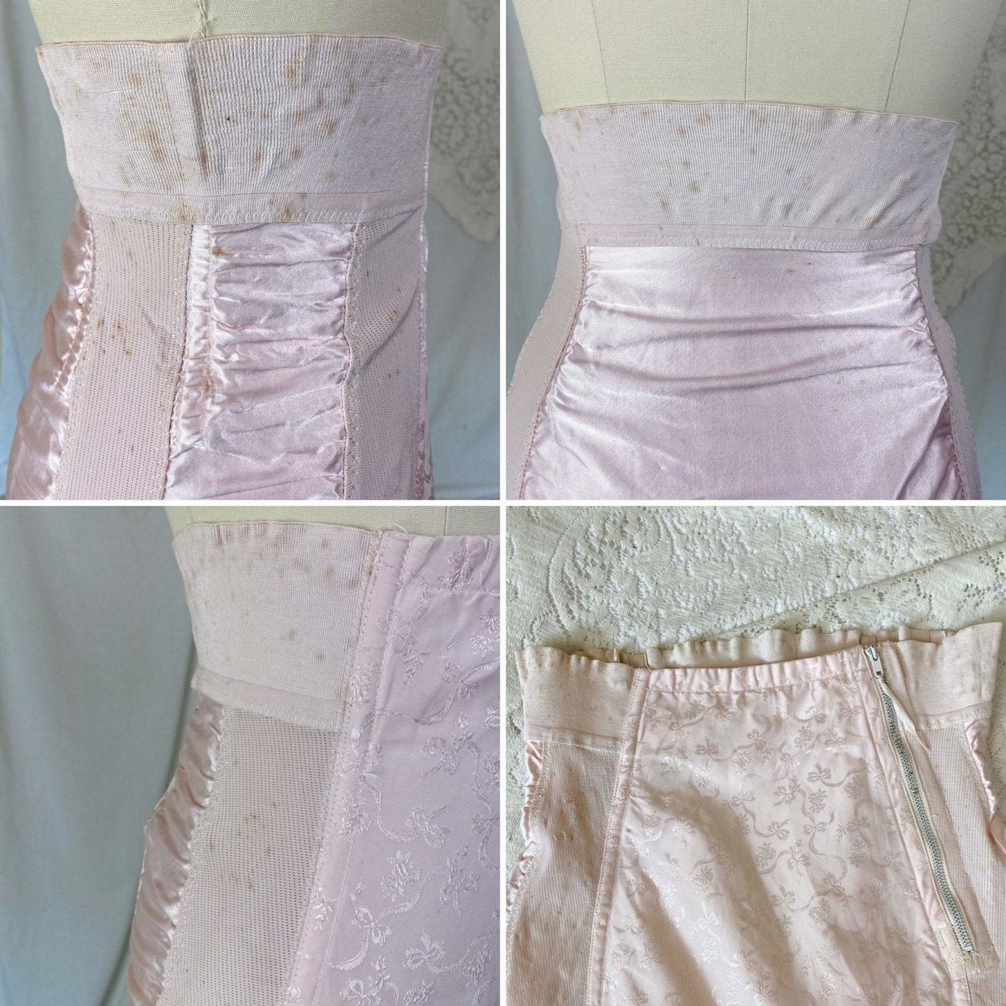 Vintage 1950's Girdle | Pale Rose Pink Cotton with Floral Satin Damask & Satin | Size LG, XL | Sarong Brand - Daggers & Dames