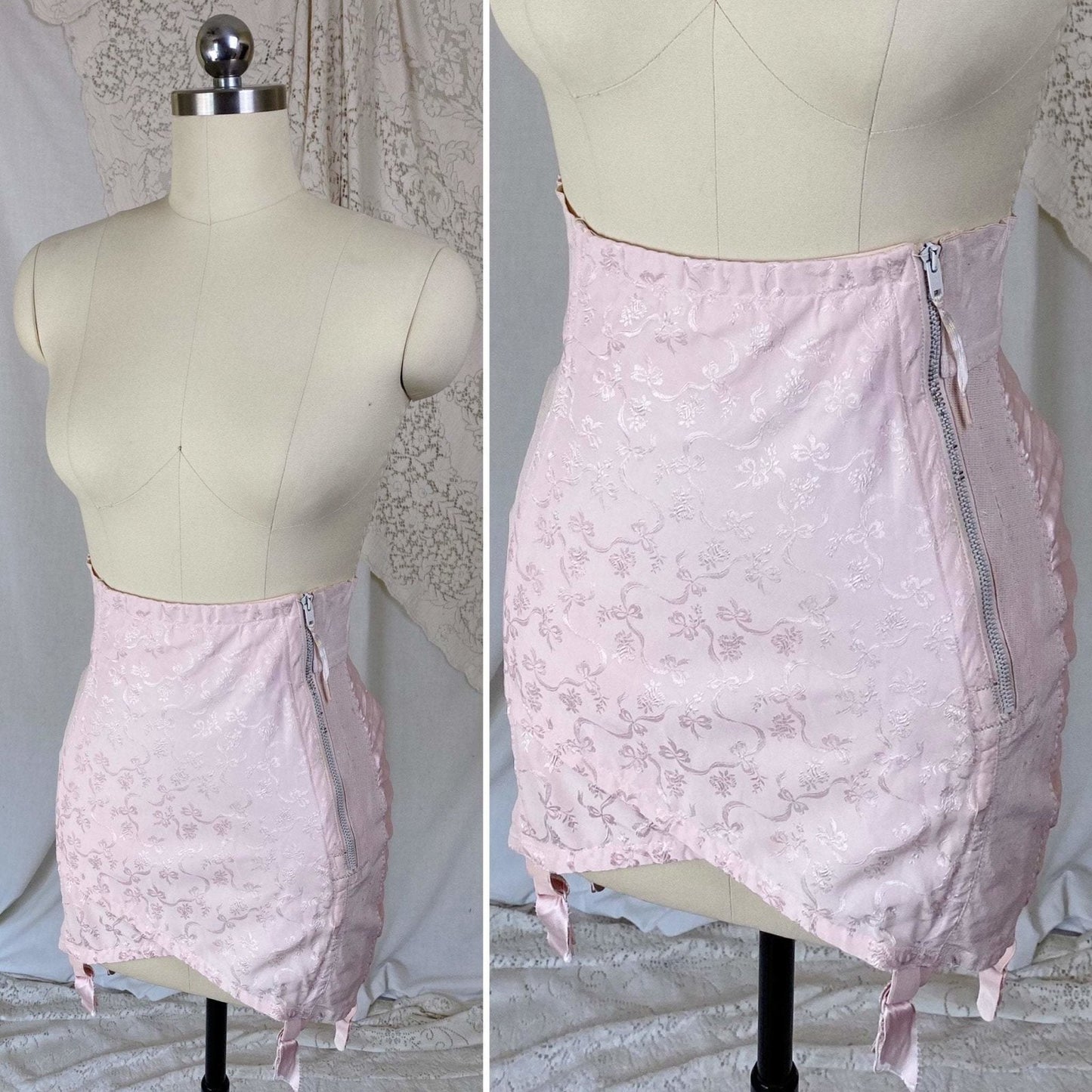 Vintage 1950's Girdle | Pale Rose Pink Cotton with Floral Satin Damask & Satin | Size LG, XL | Sarong Brand - Daggers & Dames