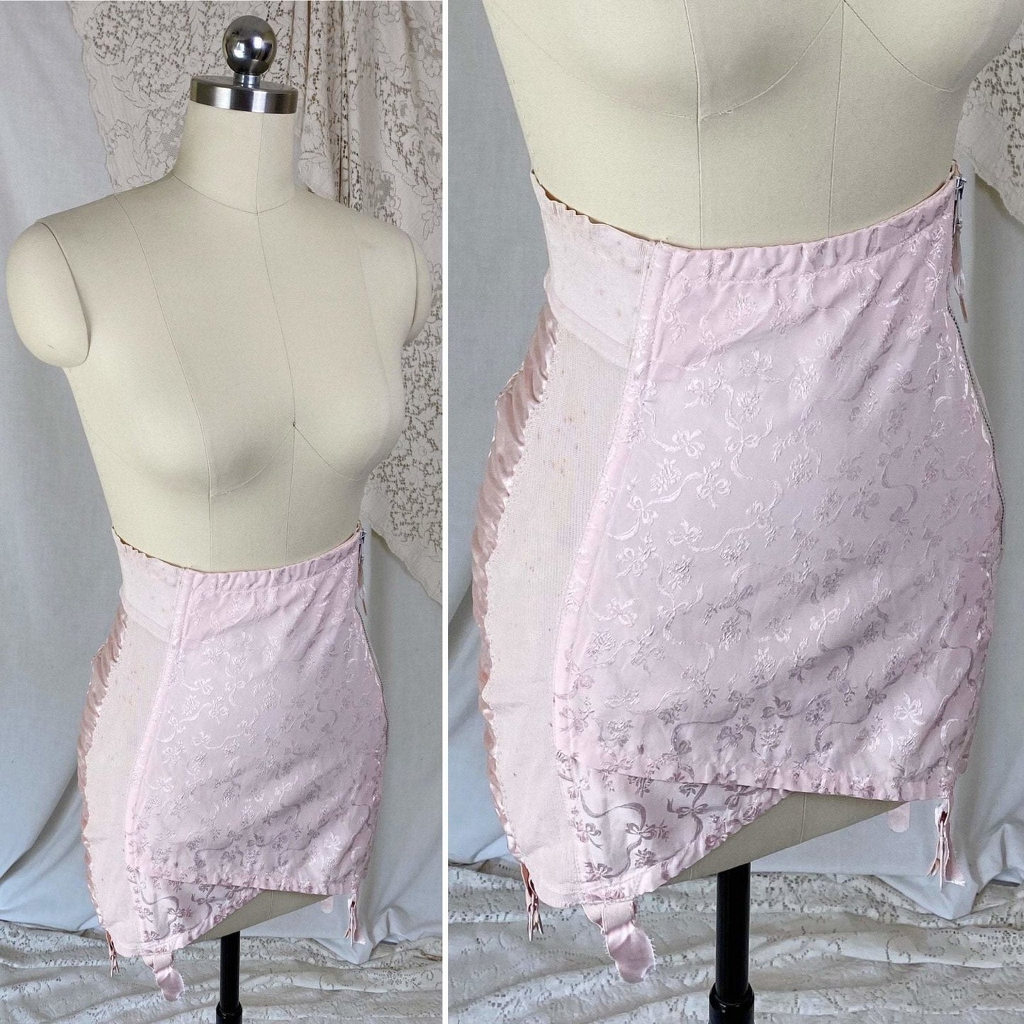 Vintage 1950's Girdle | Pale Rose Pink Cotton with Floral Satin Damask & Satin | Size LG, XL | Sarong Brand - Daggers & Dames
