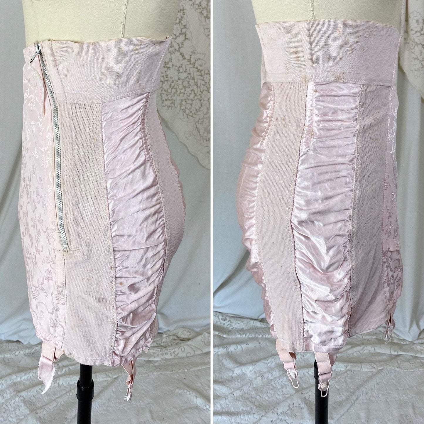 Vintage 1950's Girdle | Pale Rose Pink Cotton with Floral Satin Damask & Satin | Size LG, XL | Sarong Brand - Daggers & Dames