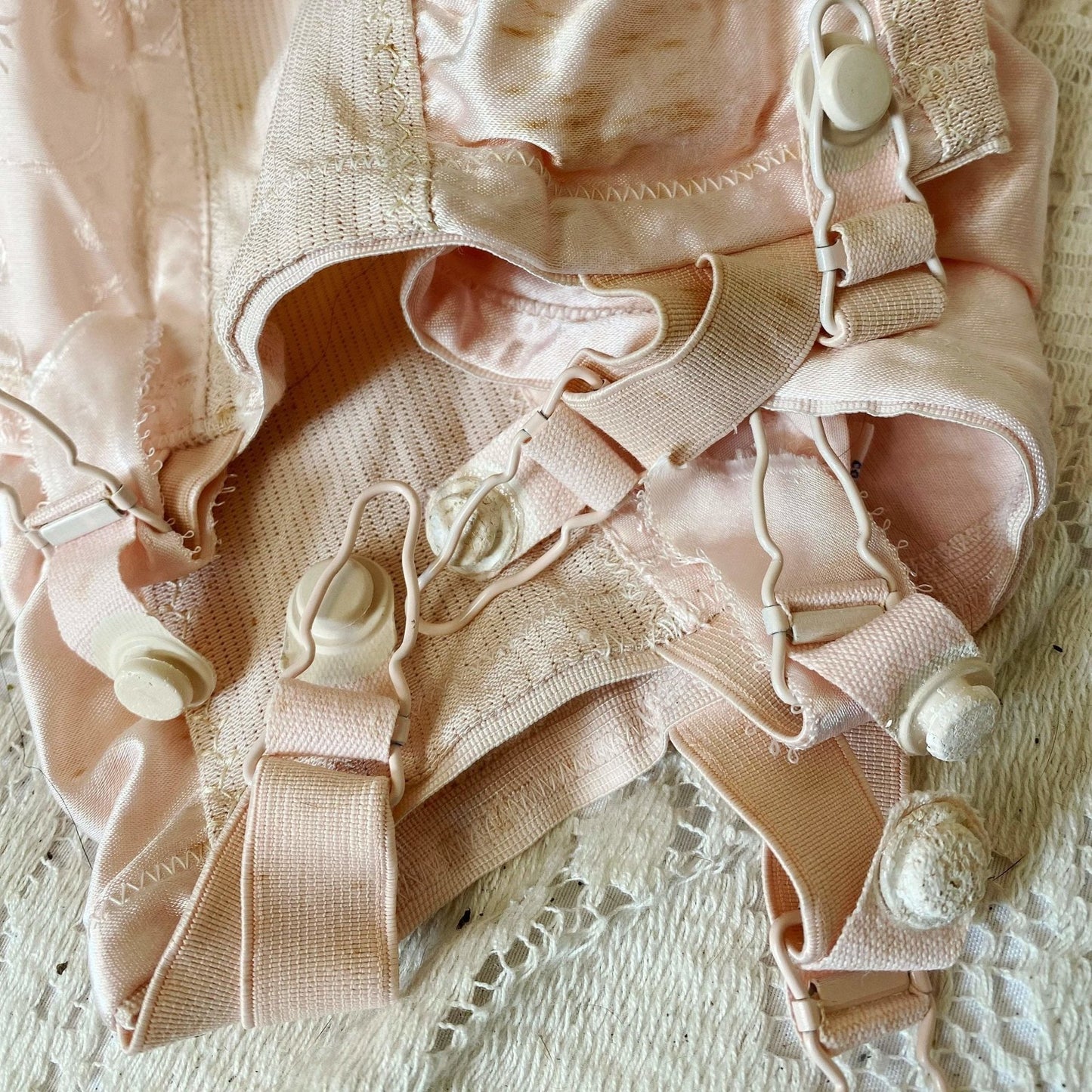 Vintage 1950's Girdle | Pale Rose Pink Cotton with Floral Satin Damask & Satin | Size LG, XL | Sarong Brand - Daggers & Dames