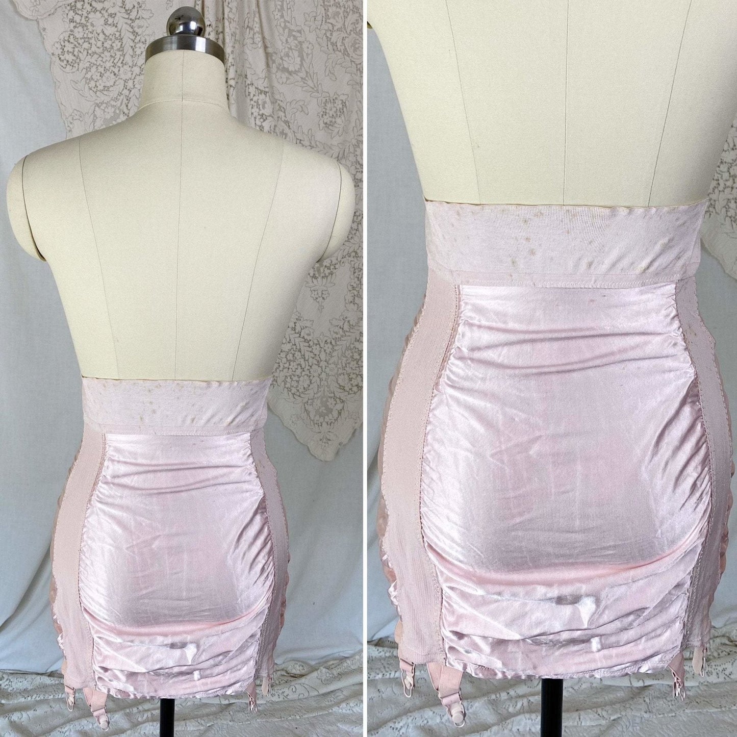 Vintage 1950's Girdle | Pale Rose Pink Cotton with Floral Satin Damask & Satin | Size LG, XL | Sarong Brand - Daggers & Dames