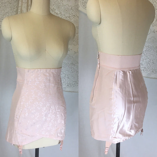 Vintage 1950's Girdle | Powder Pink Cotton with Satin Bow Damask & Boning | Original Sarong | Size MED, LG - Daggers & Dames