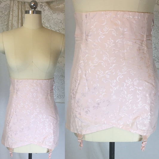 Vintage 1950's Girdle | Powder Pink Cotton with Satin Bow Damask & Boning | Original Sarong | Size MED, LG - Daggers & Dames