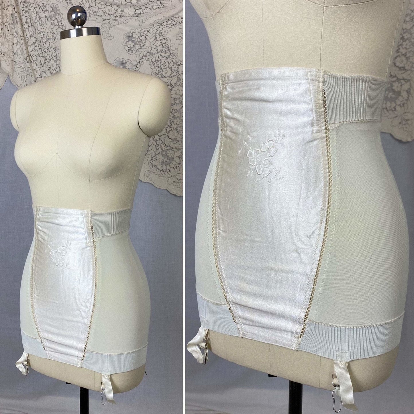 Vintage 1950's Girdle | White Satin with Clover Embroidery & Elastic Mesh | Size XS, S | Jantzen - Daggers & Dames