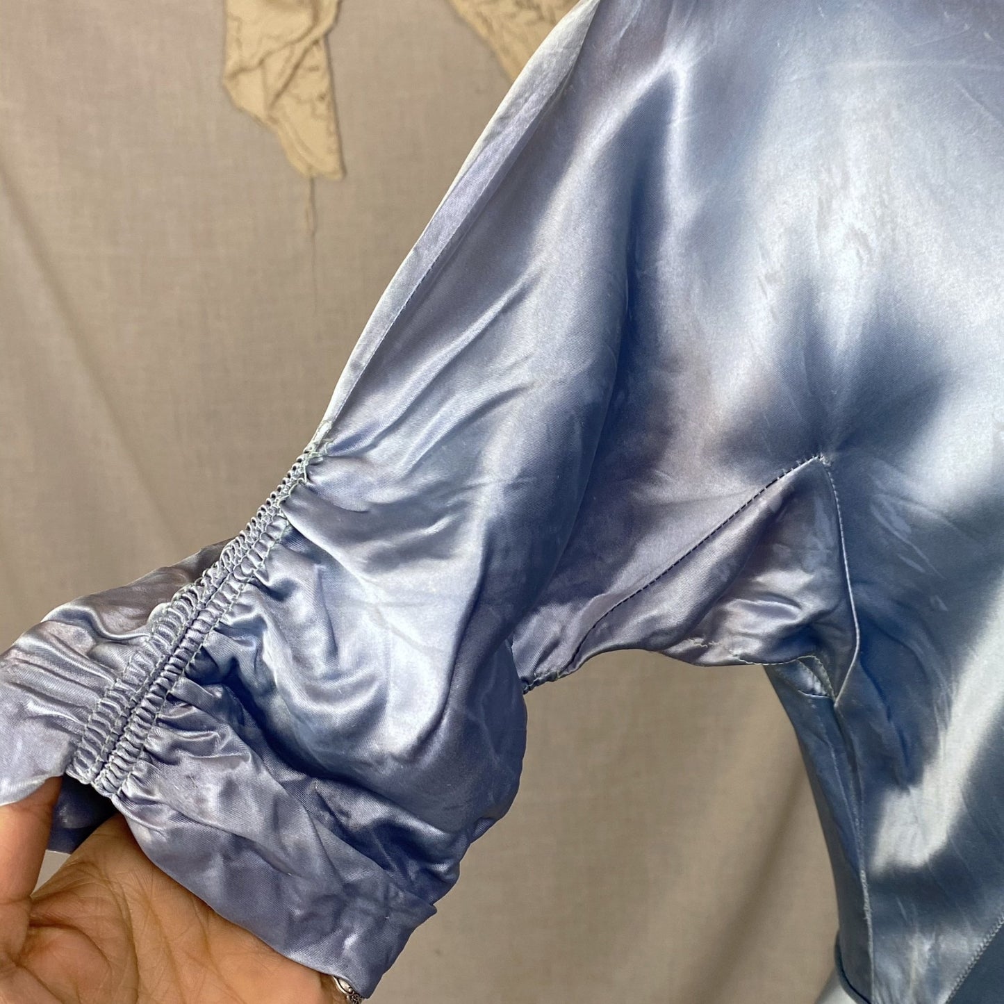 Vintage 1950's Hostess Gown | Sky Blue Acetate Satin with High Wired Collar & Ruched Sleeves | Size S, M - Daggers & Dames