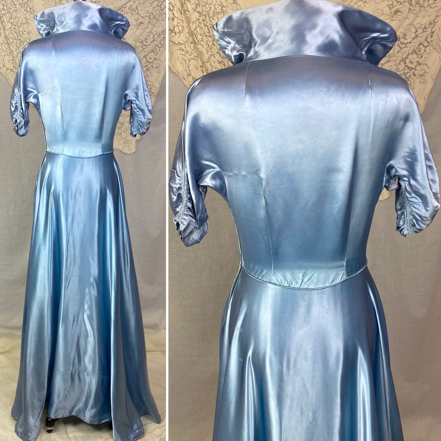 Vintage 1950's Hostess Gown | Sky Blue Acetate Satin with High Wired Collar & Ruched Sleeves | Size S, M - Daggers & Dames