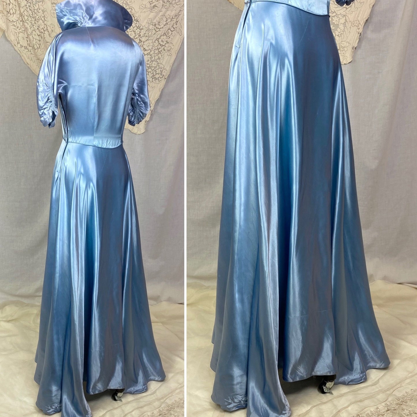 Vintage 1950's Hostess Gown | Sky Blue Acetate Satin with High Wired Collar & Ruched Sleeves | Size S, M - Daggers & Dames