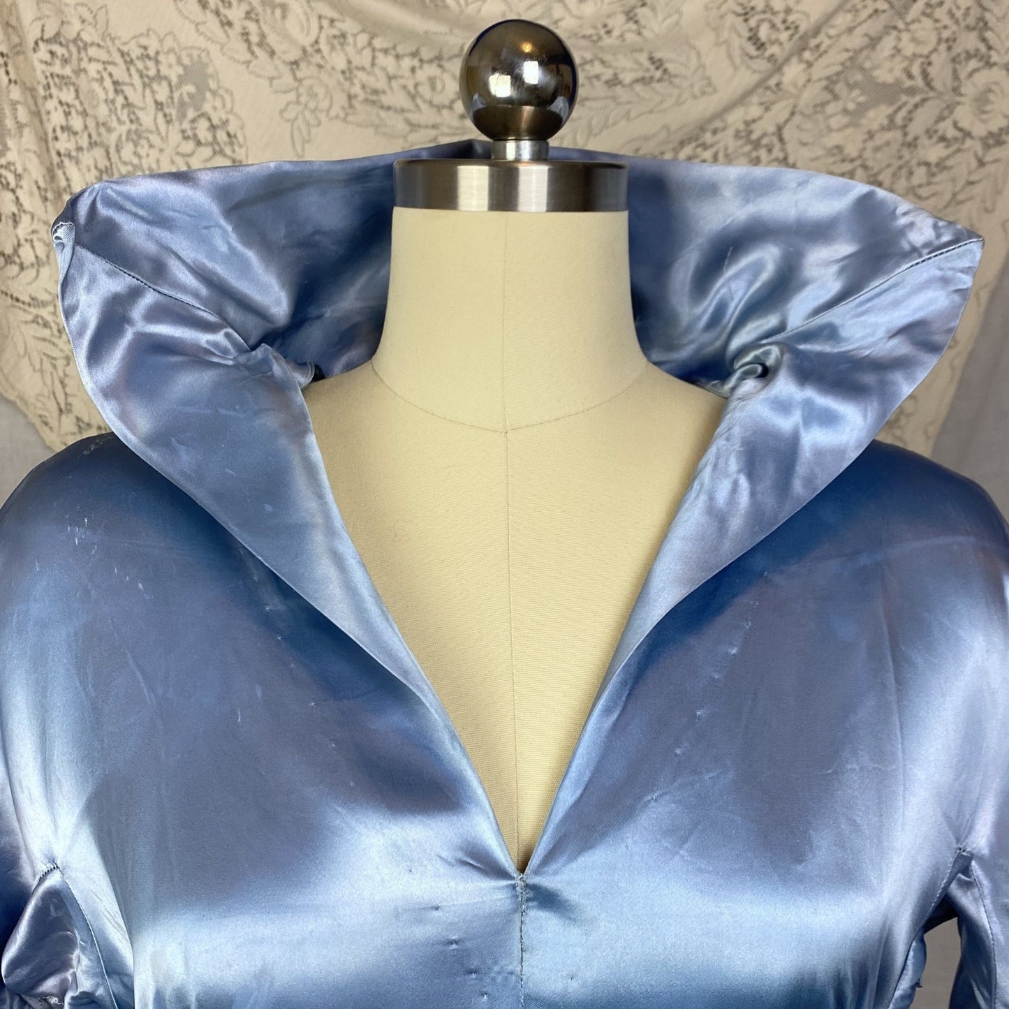 Vintage 1950's Hostess Gown | Sky Blue Acetate Satin with High Wired Collar & Ruched Sleeves | Size S, M - Daggers & Dames