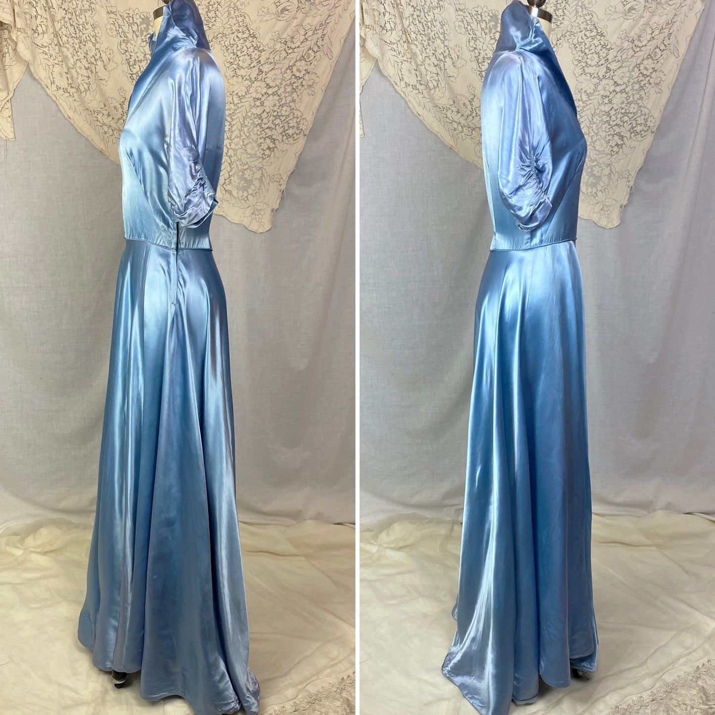 Vintage 1950's Hostess Gown | Sky Blue Acetate Satin with High Wired Collar & Ruched Sleeves | Size S, M - Daggers & Dames