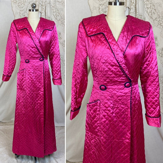 Vintage 1950's Housecoat Robe | Bold Magenta Pink Quilted Rayon Satin with Deep Eggplant Purple Lining | Size M | Diana Dean Originals - Daggers & Dames