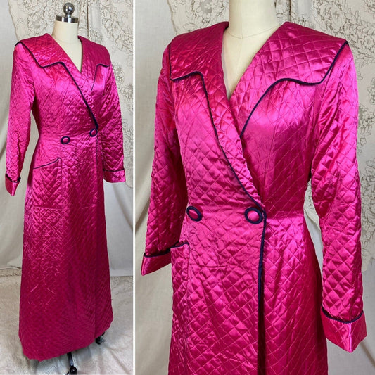 Vintage 1950's Housecoat Robe | Bold Magenta Pink Quilted Rayon Satin with Deep Eggplant Purple Lining | Size M | Diana Dean Originals - Daggers & Dames