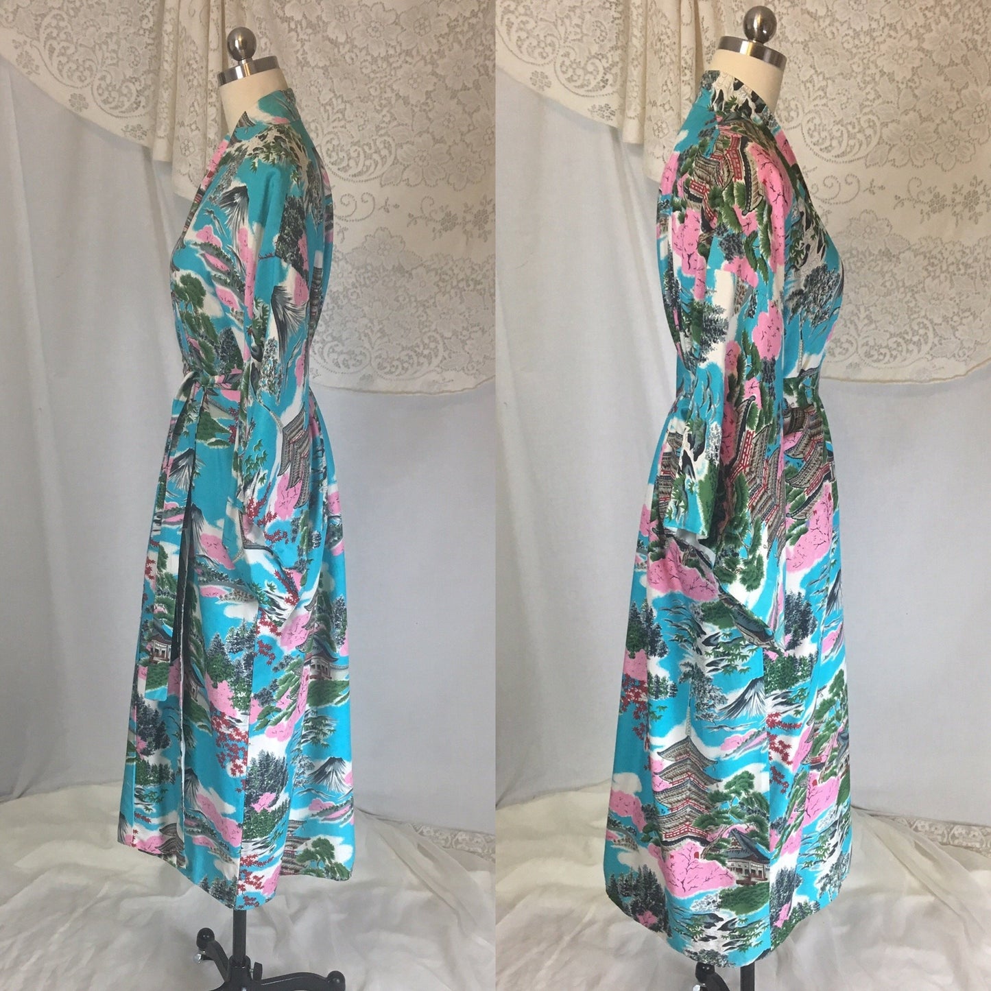 Vintage 1950's Japanese Kimono | Crisp Turquoise Blue Cotton with Scenic Print | Size Free - Daggers & Dames