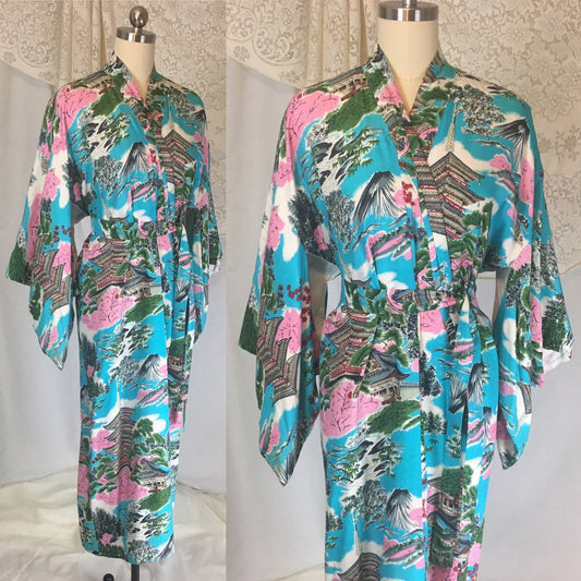 Vintage 1950's Japanese Kimono | Crisp Turquoise Blue Cotton with Scenic Print | Size Free - Daggers & Dames