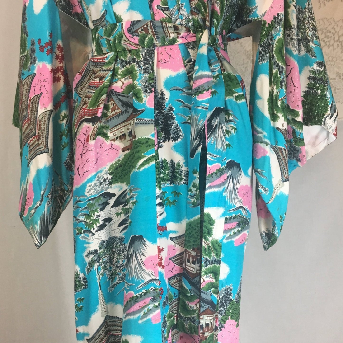 Vintage 1950's Japanese Kimono | Crisp Turquoise Blue Cotton with Scenic Print | Size Free - Daggers & Dames