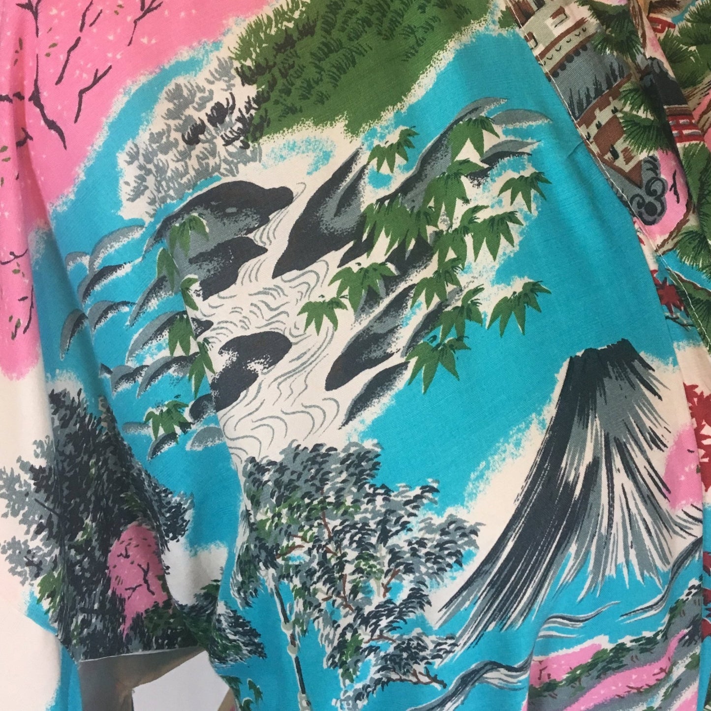 Vintage 1950's Japanese Kimono | Crisp Turquoise Blue Cotton with Scenic Print | Size Free - Daggers & Dames