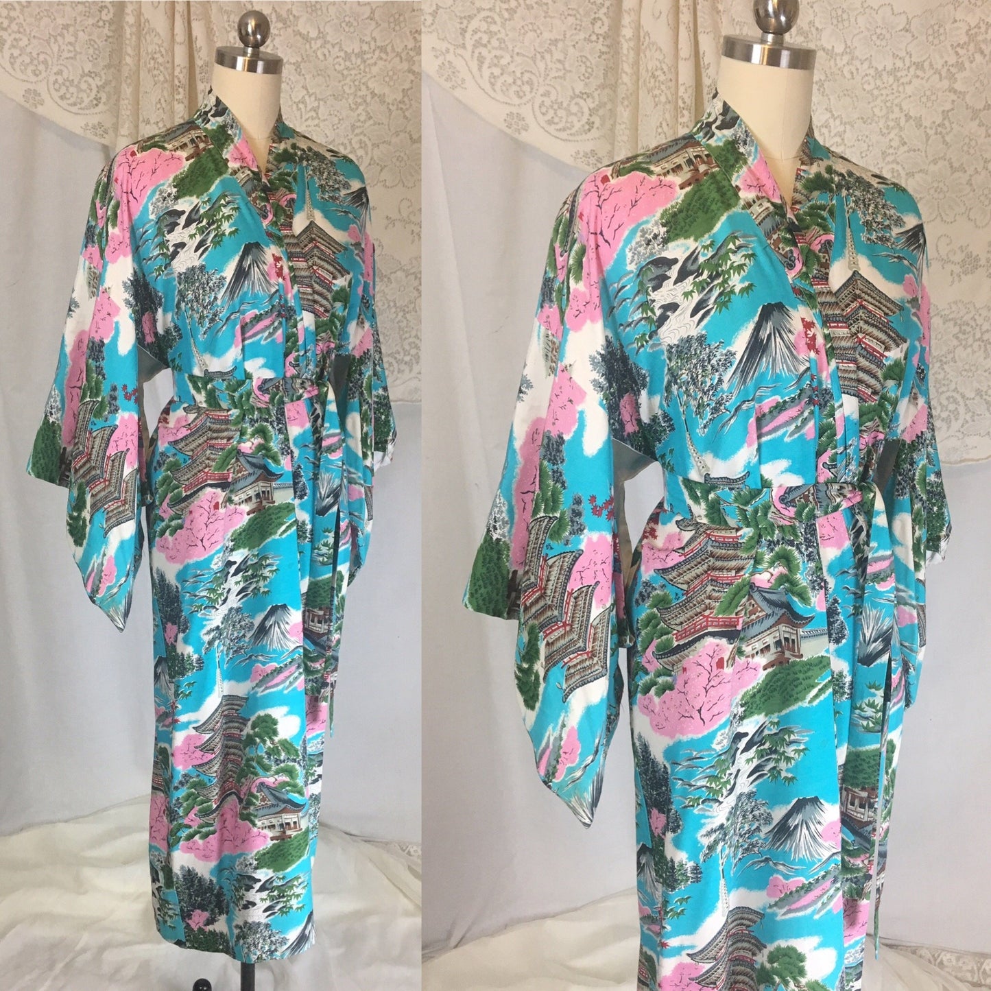 Vintage 1950's Japanese Kimono | Crisp Turquoise Blue Cotton with Scenic Print | Size Free - Daggers & Dames
