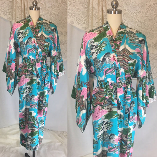 Vintage 1950's Japanese Kimono | Crisp Turquoise Blue Cotton with Scenic Print | Size Free - Daggers & Dames