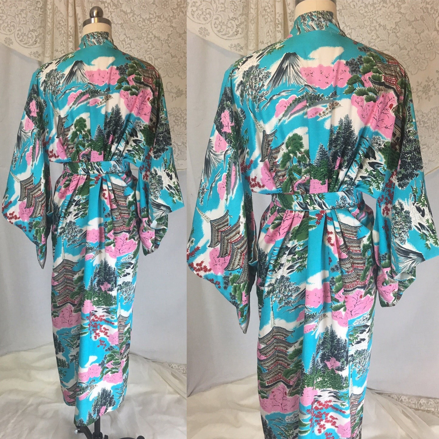 Vintage 1950's Japanese Kimono | Crisp Turquoise Blue Cotton with Scenic Print | Size Free - Daggers & Dames