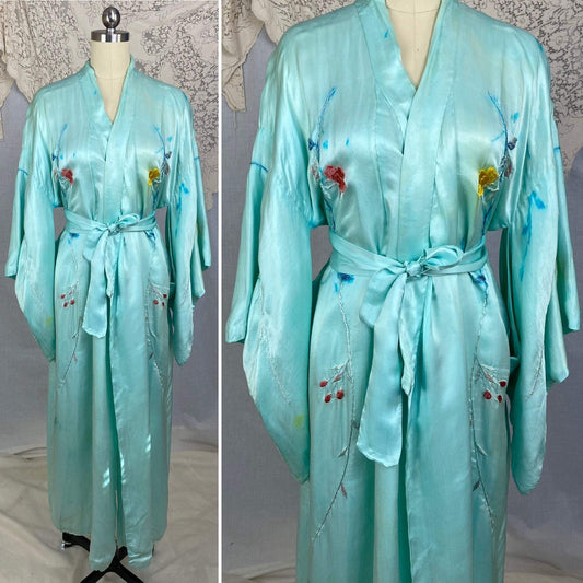 Vintage 1950's Japanese Kimono | Sky Blue Silk with Hand Embroidered Floral Pattern | Size Free -As Is - Daggers & Dames
