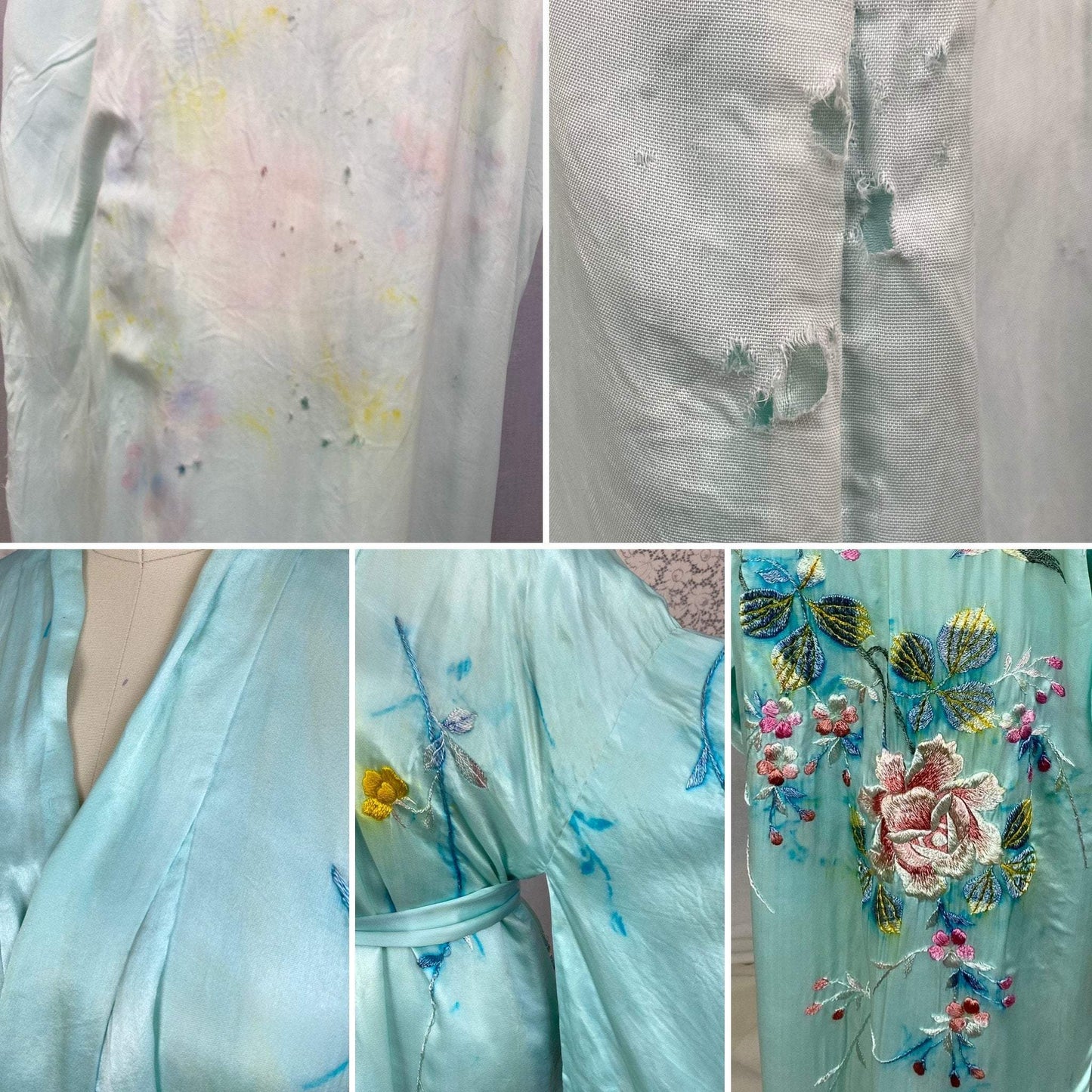 Vintage 1950's Japanese Kimono | Sky Blue Silk with Hand Embroidered Floral Pattern | Size Free -As Is - Daggers & Dames