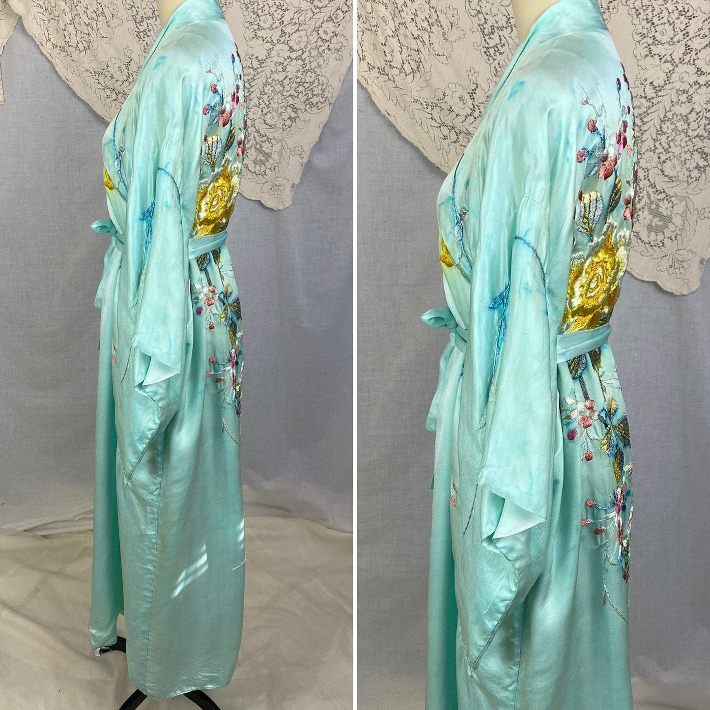 Vintage 1950's Japanese Kimono | Sky Blue Silk with Hand Embroidered Floral Pattern | Size Free -As Is - Daggers & Dames