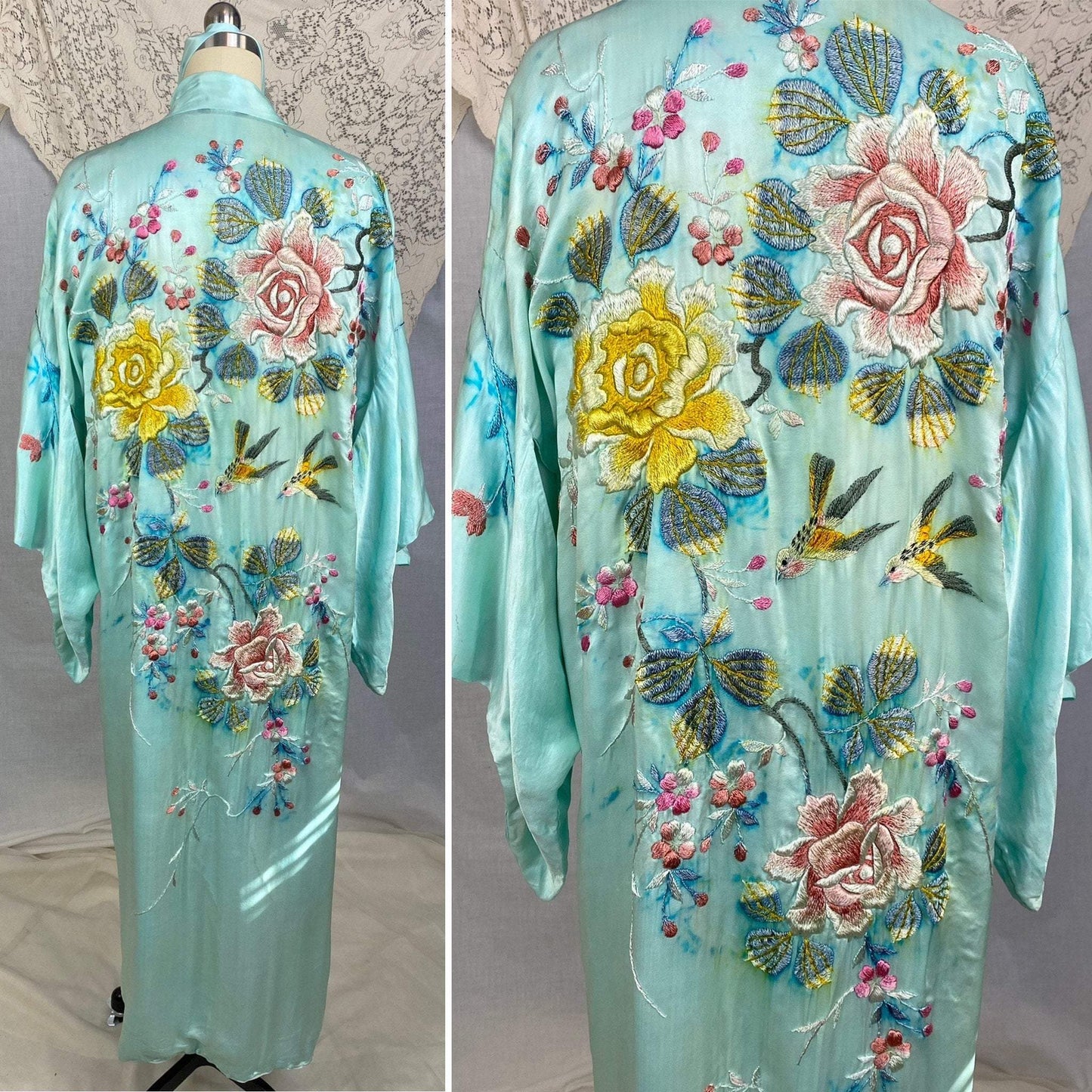 Vintage 1950's Japanese Kimono | Sky Blue Silk with Hand Embroidered Floral Pattern | Size Free -As Is - Daggers & Dames