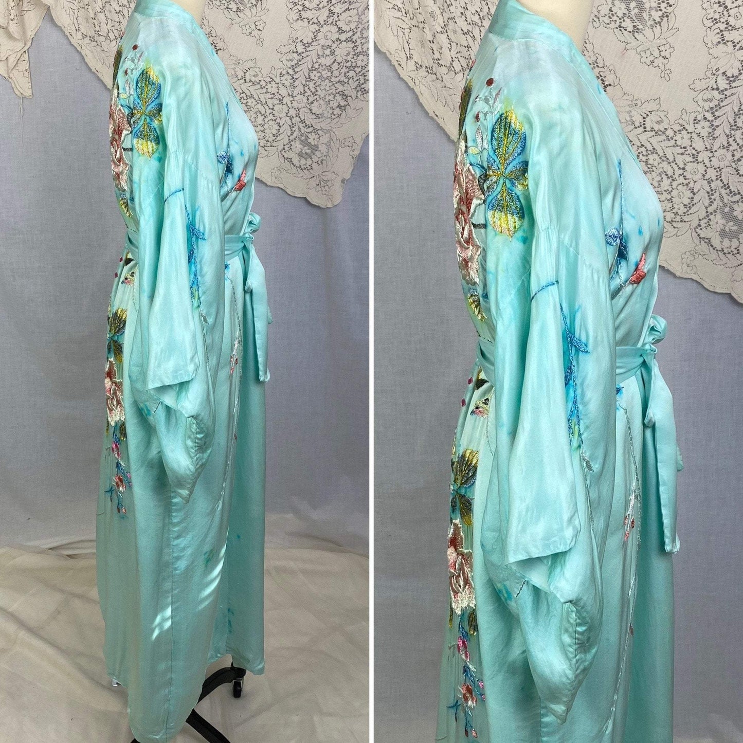Vintage 1950's Japanese Kimono | Sky Blue Silk with Hand Embroidered Floral Pattern | Size Free -As Is - Daggers & Dames