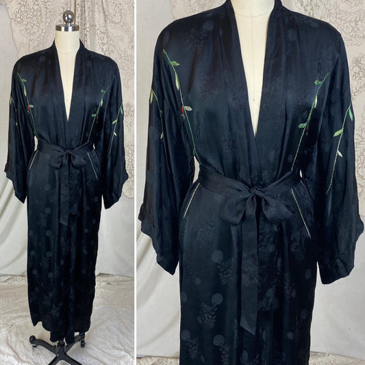 Vintage 1950's Japanese Robe | Silky Black Satin Damask with Elaborate Floral Embroidery | Size S, M, LG - Daggers & Dames