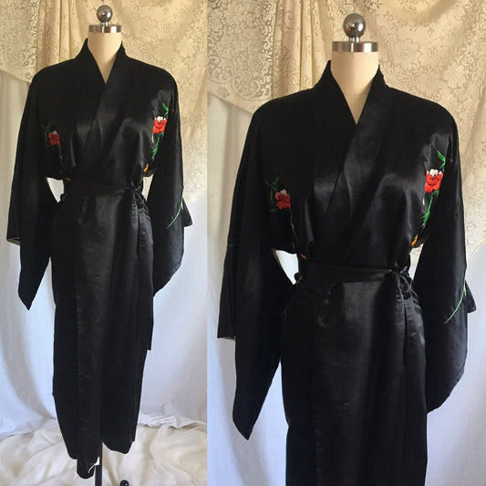 Vintage 1950's Kimono Robe | Black Silk with Floral Embroidery | Size Free - Daggers & Dames